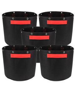 5-Pack 10-Gallon Bonsai LST Low Stress Training Fabric Pots W/ 8 Support Grommet Rings, 260GSM, 247Garden Black Grow Bags w/Short Red Handles 13H x 15D