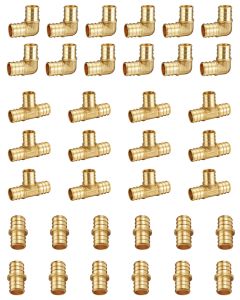 36Pcs 1/2" Pex-B Combo Fittings w/ 12 Each PEX Elbow, Tee, Coupling, 1/2" Pex Crimp Fittings For Pex Pipe, No Lead Brass, ASTM F1807
