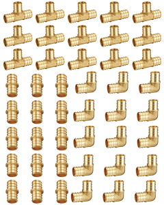 45pc 1/2" PEX Fitting Combo Set w/ 15pc Each Elbow, Tee, Coupling Pex Crimp Fittings for Pex-B Pipe, No Lead Brass, ASTM F1807