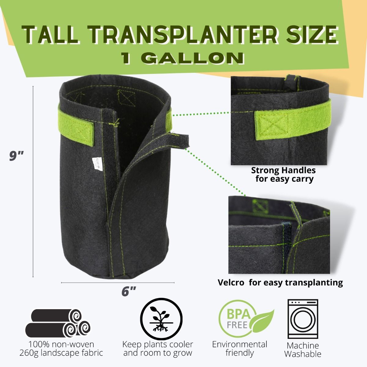 247Garden 1-Gallon Tall Transplanter Fabric Pot/Tree Grow Bag (Black  w/Velcro Closure & Short Green Handles 9H x 6D)