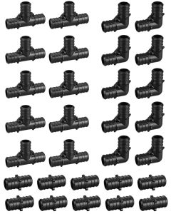 30-Pack 3/4" Poly PEX-B Crimp Fittings with Tees "T"(10PCS), Elbows(10PCS), Coupling(10PCS), 3/4Inch PPSU PEX F1960 Combo Fitting for Pex-B Pipe in Plumbing