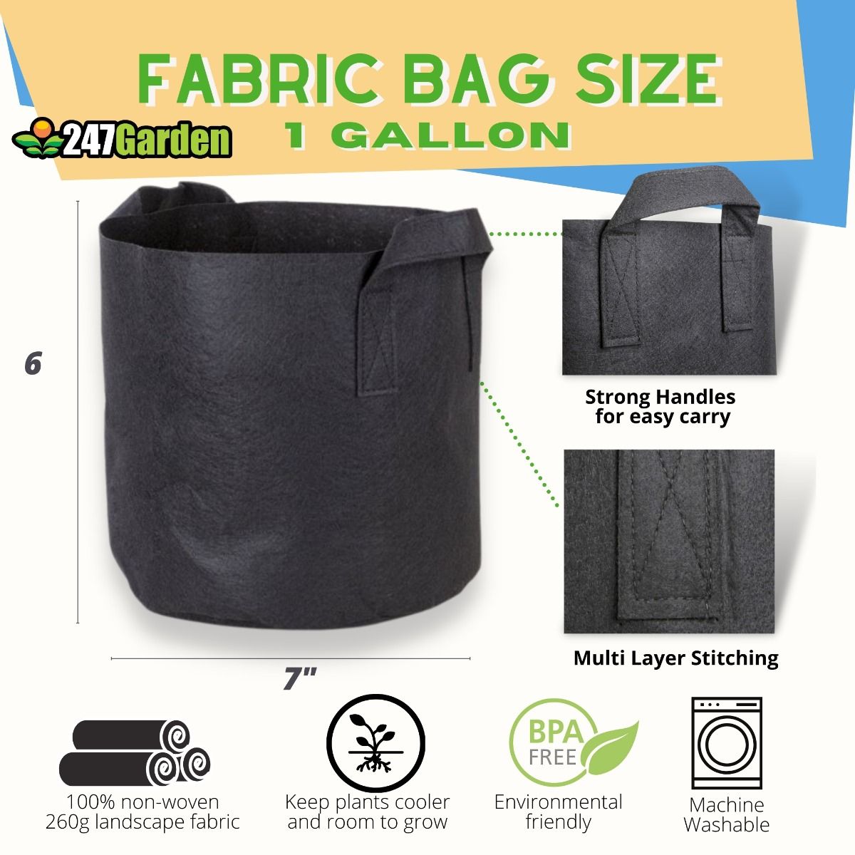 Grow1 Fabric Pot w/ Handles Black - Image 4